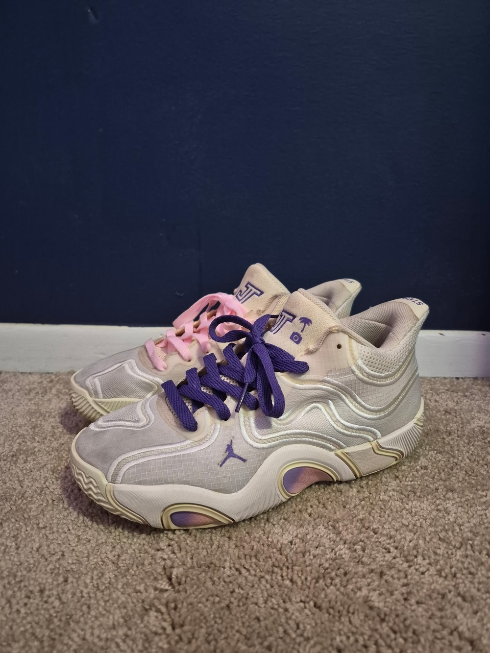 Jordan Kids Cream Sneakers with Purple and Pink Accents